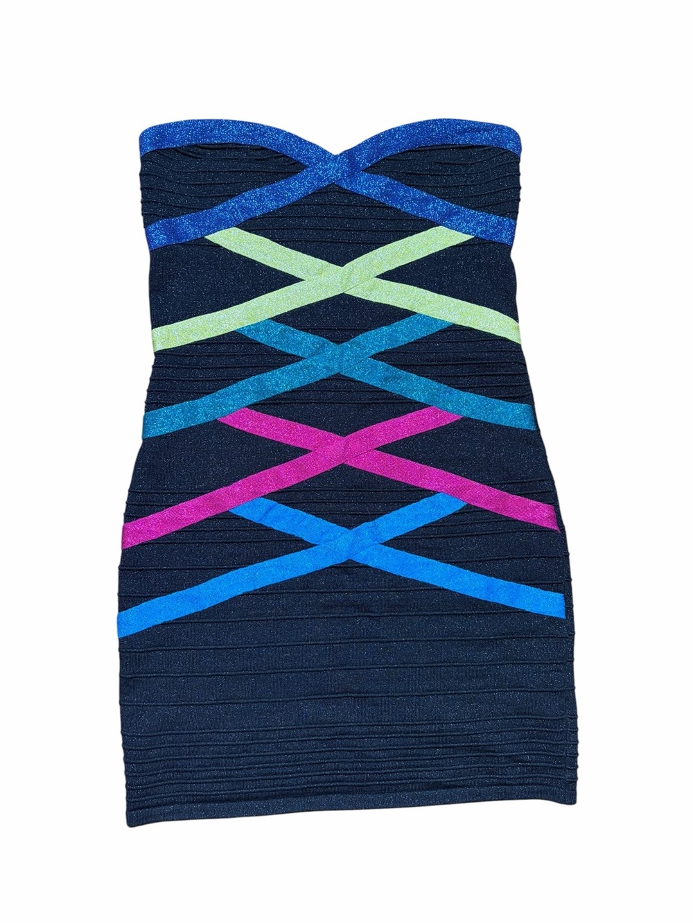 Strapless Navy Bandage Dress with Neon Crisscross Straps